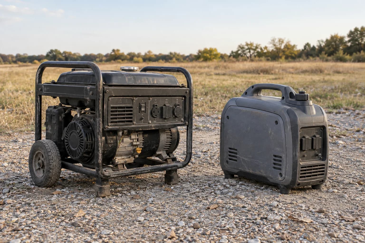 An open-frame conventional generator beside a compact enclosed inverter generator on dry outdoor gravel.