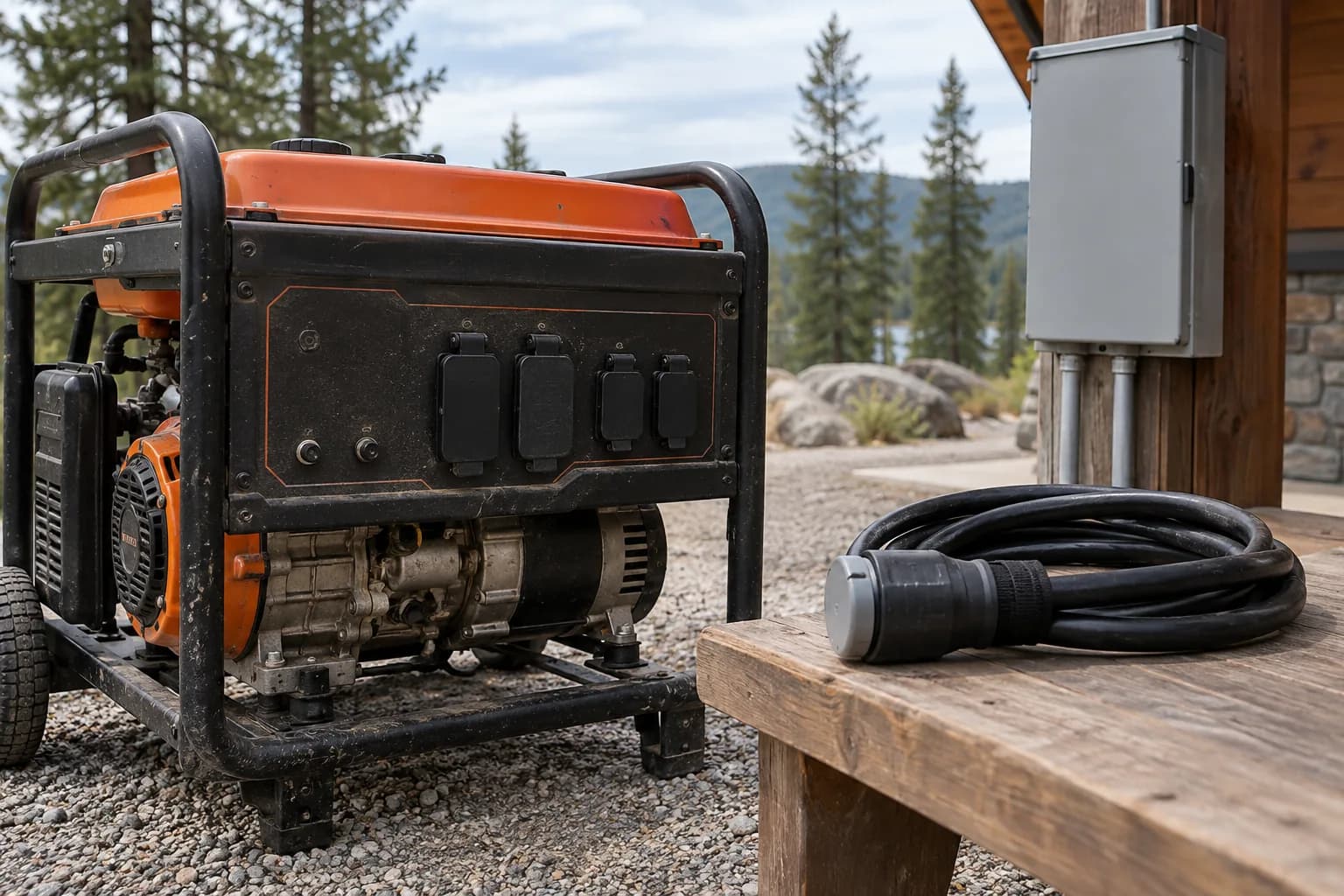Disconnected generator, capped heavy cord and closed transfer equipment outdoors