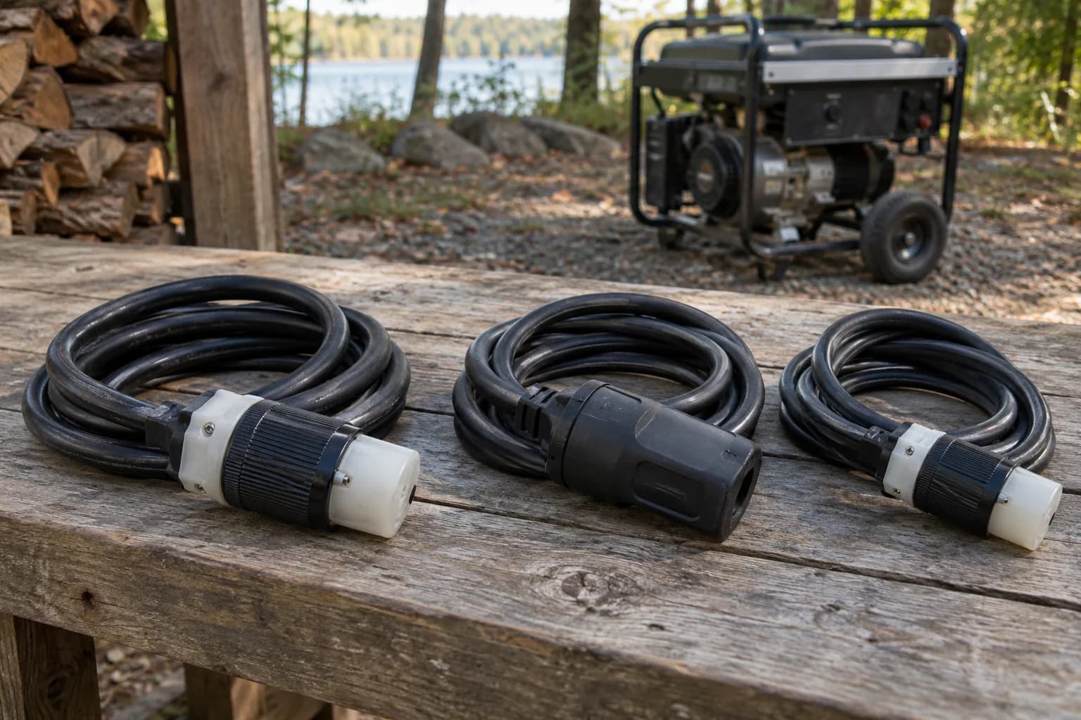 Three disconnected generator cords with different connector housings compared on a workbench
