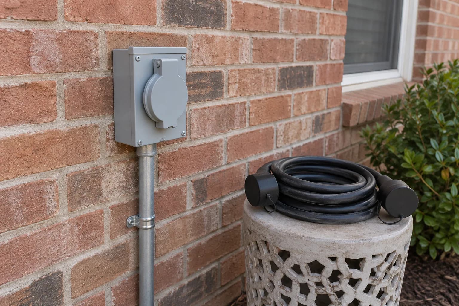 Closed generator inlet box and capped cord beside an exterior brick wall