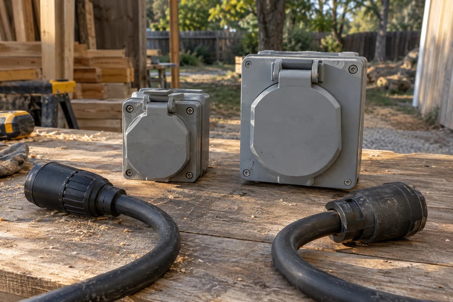 Two closed generator inlet boxes and separate intact cords on an outdoor workbench.
