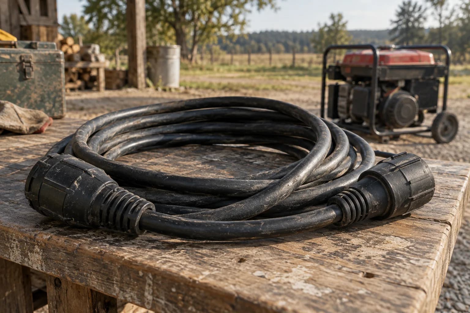 Heavy generator cable with intact strain reliefs and concealed contact faces.
