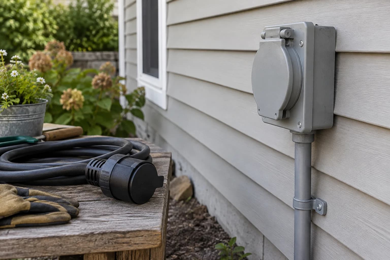 Closed weatherproof generator inlet box and capped cord on exterior siding