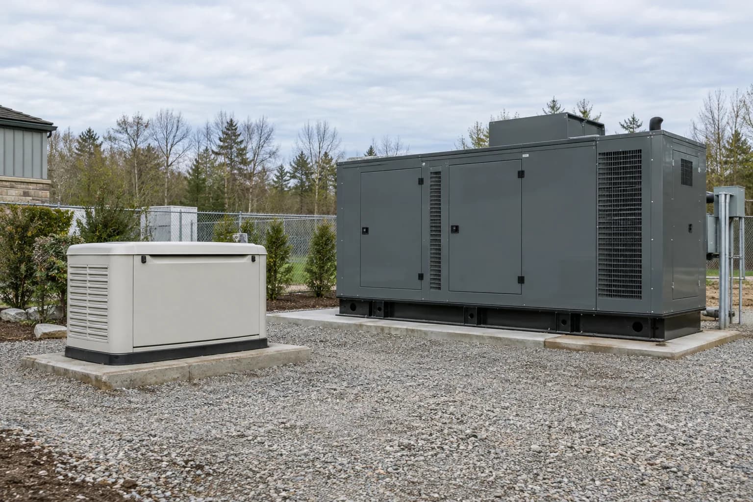 Compact air-cooled and larger liquid-cooled generator enclosures compared outdoors