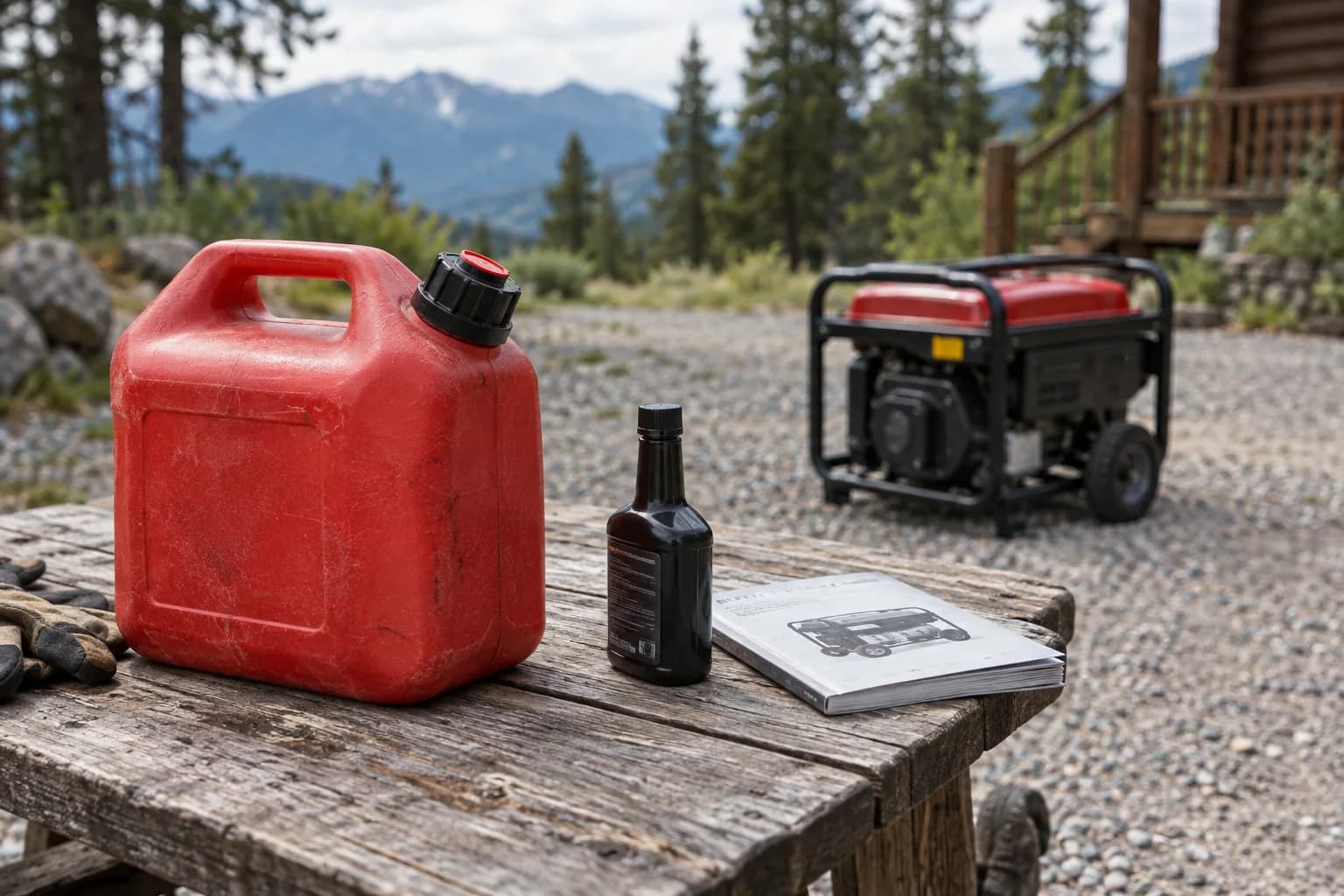 Sealed generator gasoline container, manual and fuel-care supplies outdoors