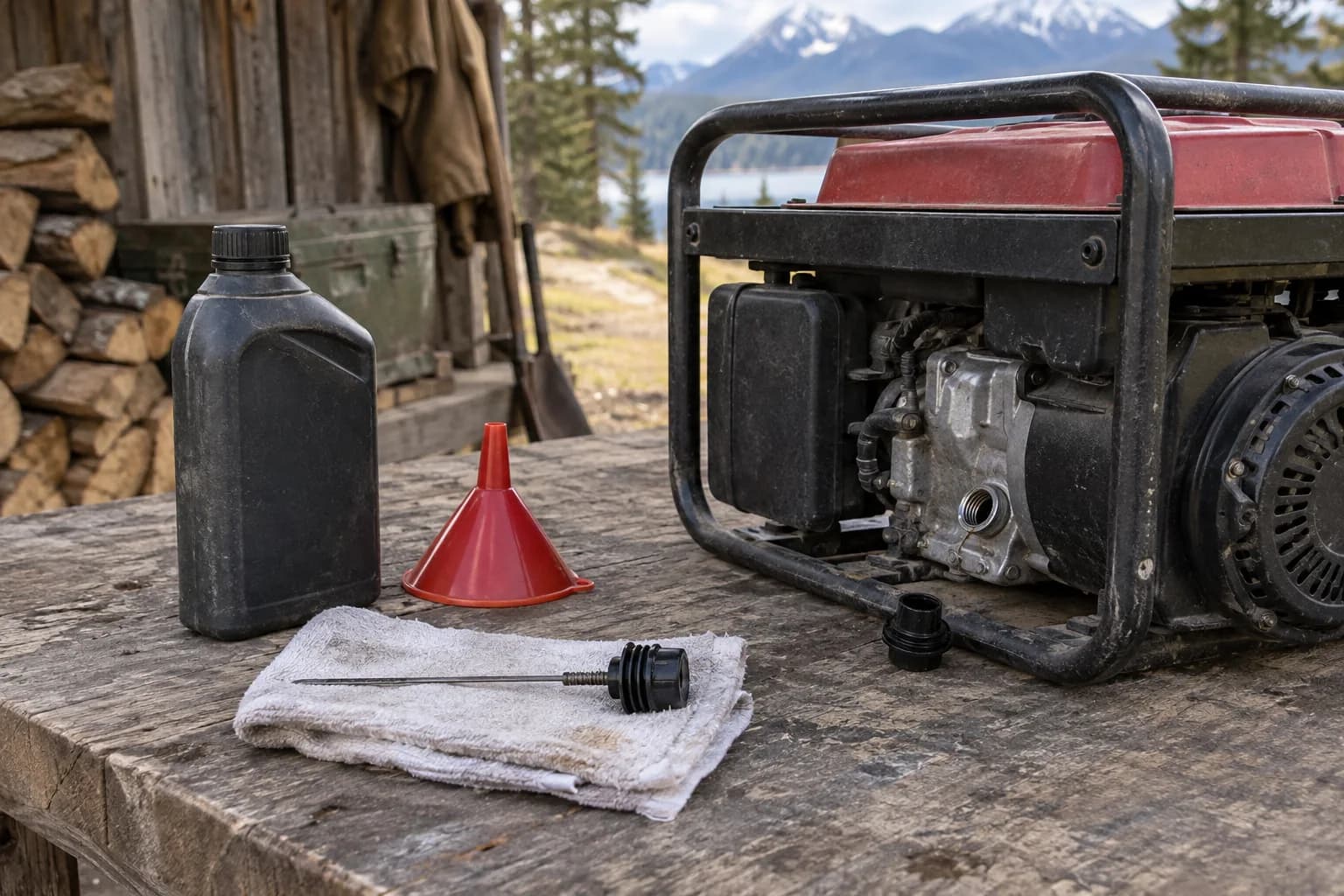 Dipstick, capped oil bottle and funnel beside a shut-down generator.