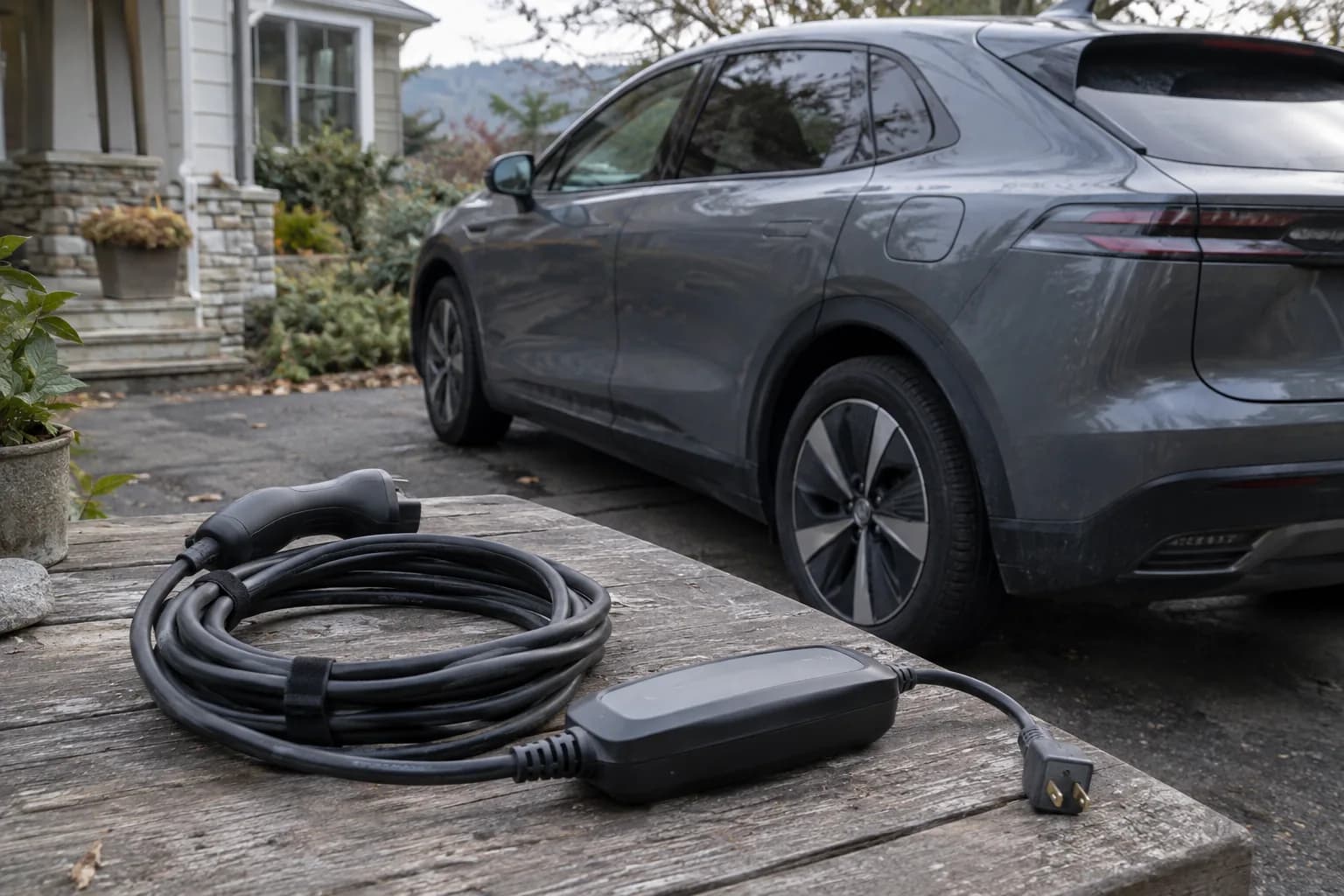 Unplugged portable EV charging equipment beside a parked electric car.