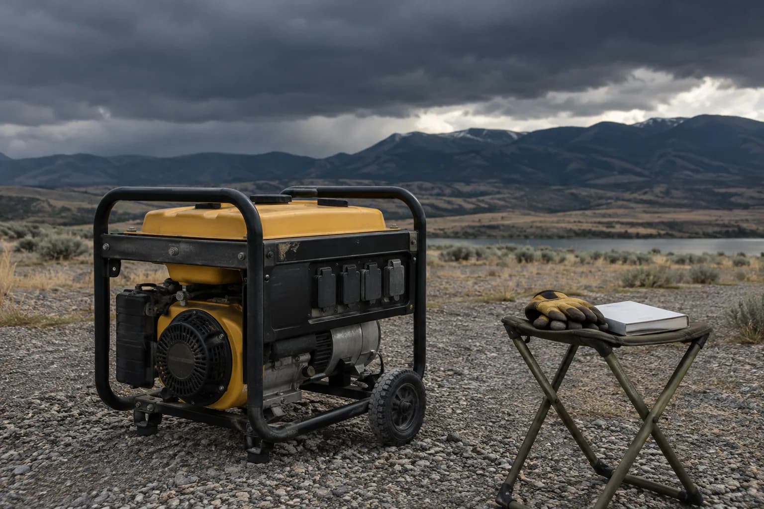 Shut-down dry generator prepared before approaching storm weather.