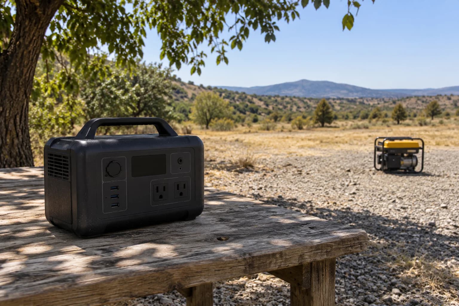 A disconnected portable power station and distant generator staged in an open outdoor area. AI-generated editorial illustration; not a photograph of a tested product or a verified model.