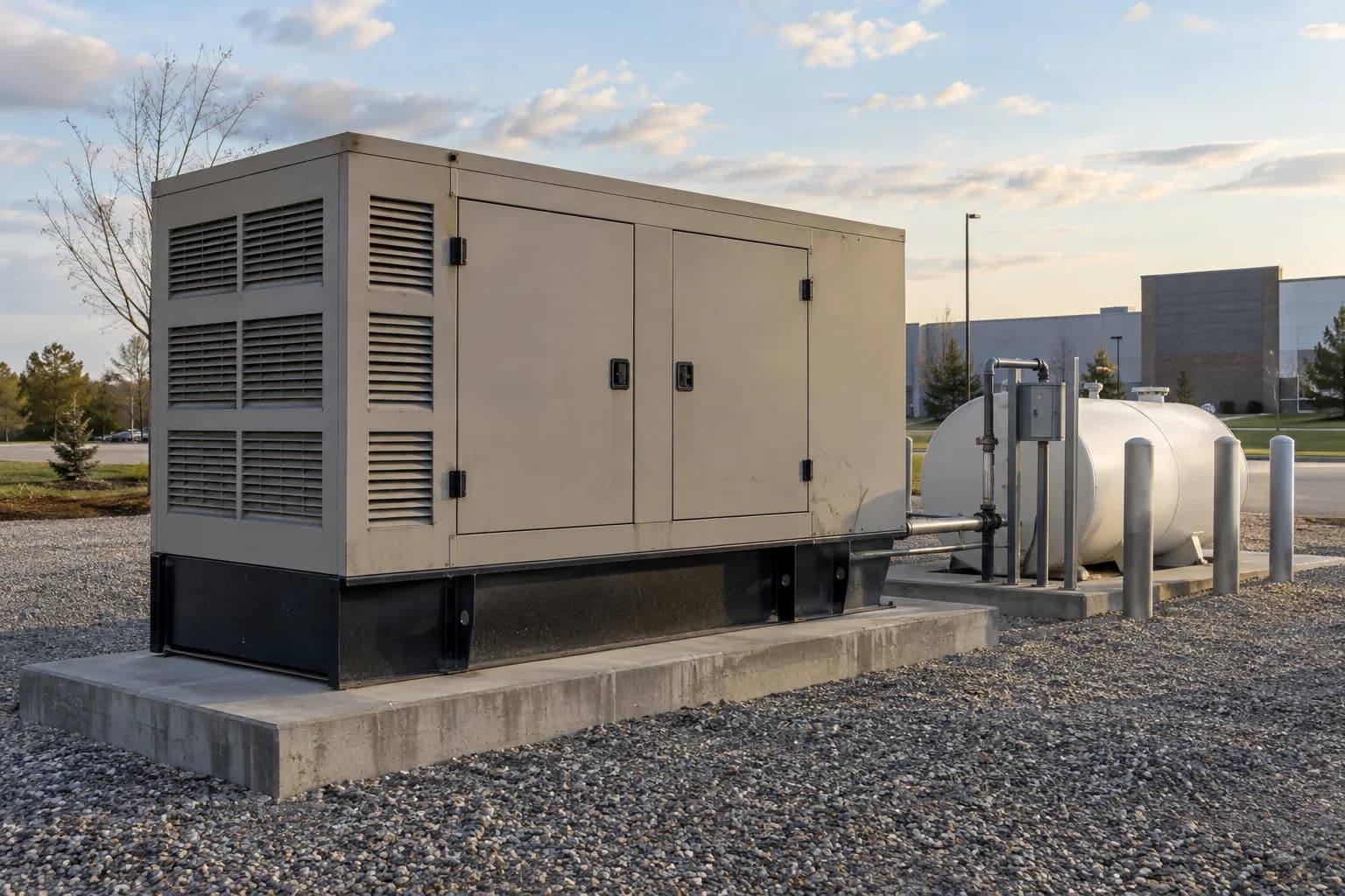 Commercial generator enclosure on a concrete pad in an open service yard.