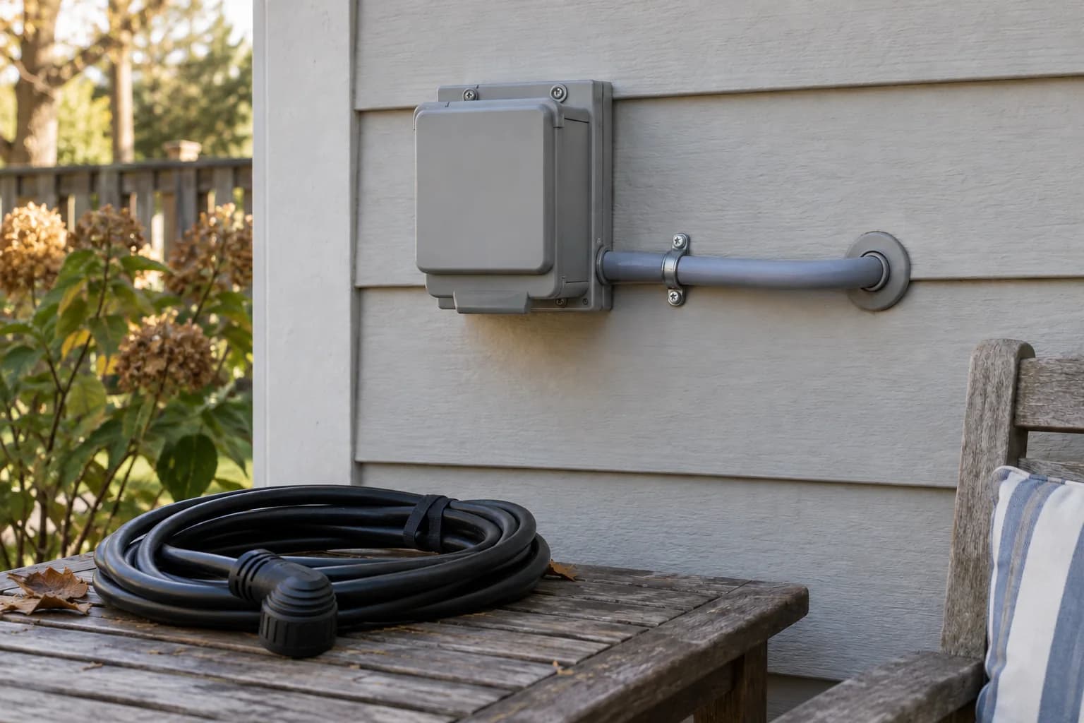 Closed exterior generator inlet and disconnected cord beside a home.