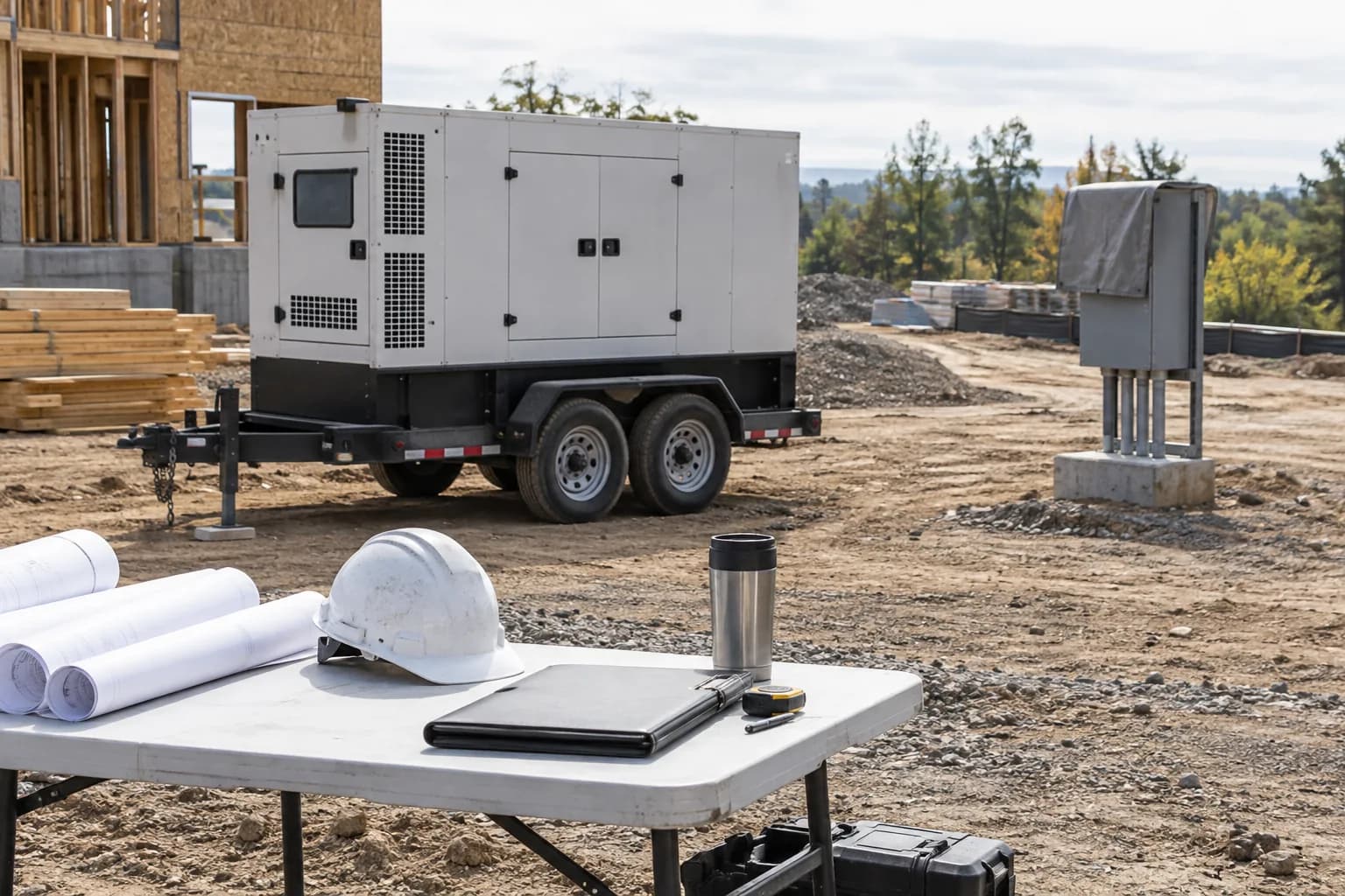 Construction power planning table with mobile generator and closed distribution equipment
