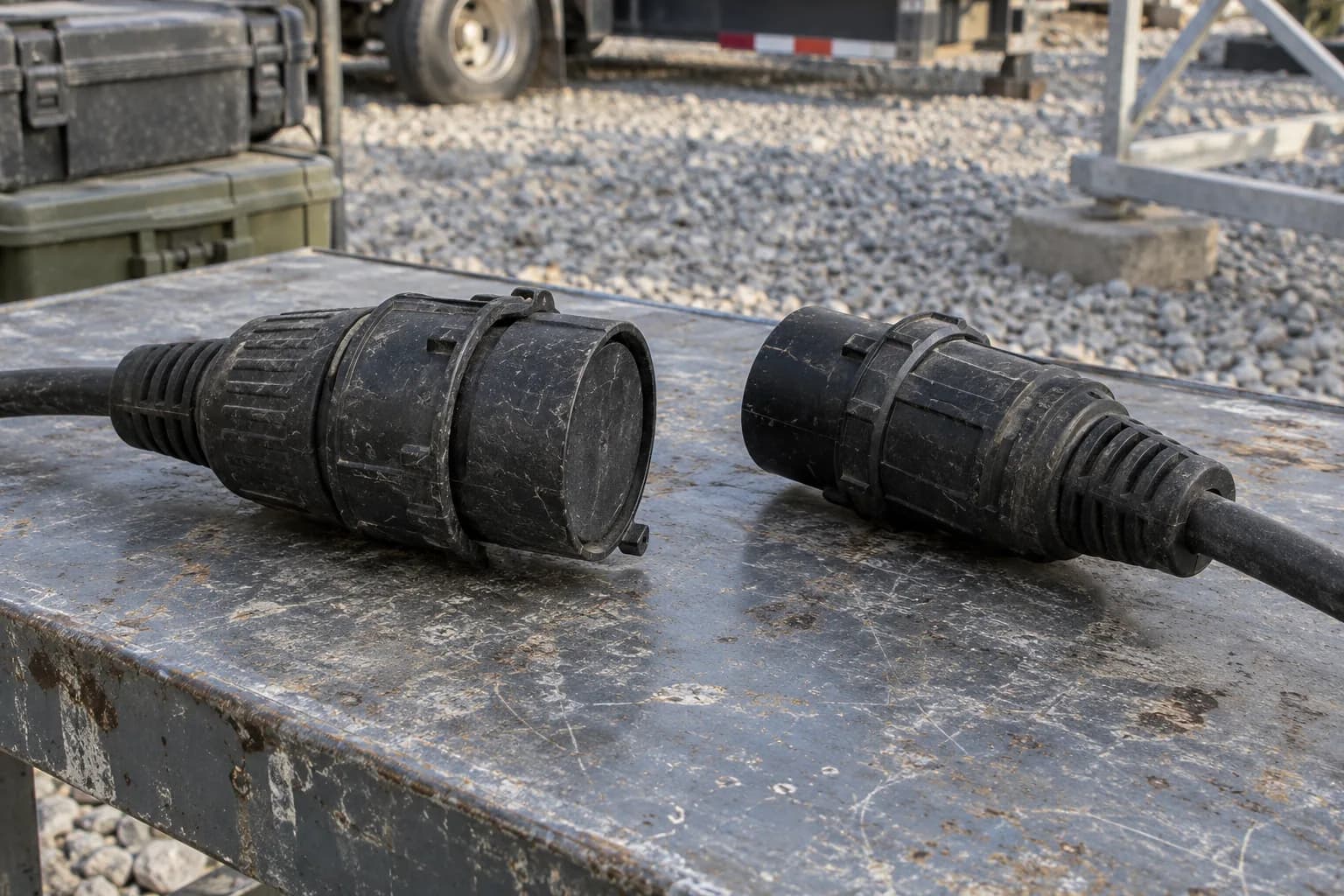 Heavy-duty locking cord-end bodies viewed from behind, with intact ribbed housings and cable strain reliefs.