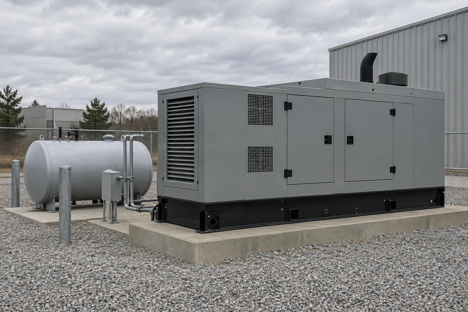 Enclosed commercial diesel generator and external fuel tank in an industrial yard