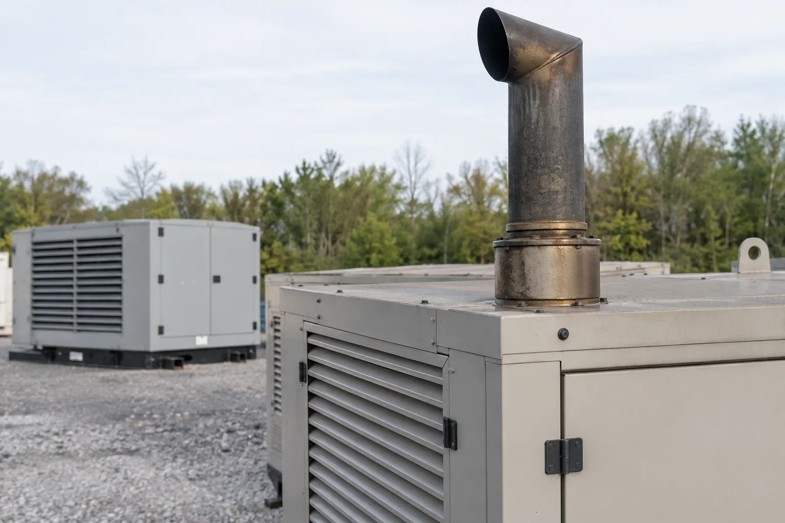 The cool exhaust joint of a shut-down diesel generator, with an unconnected closed load-bank cabinet behind.