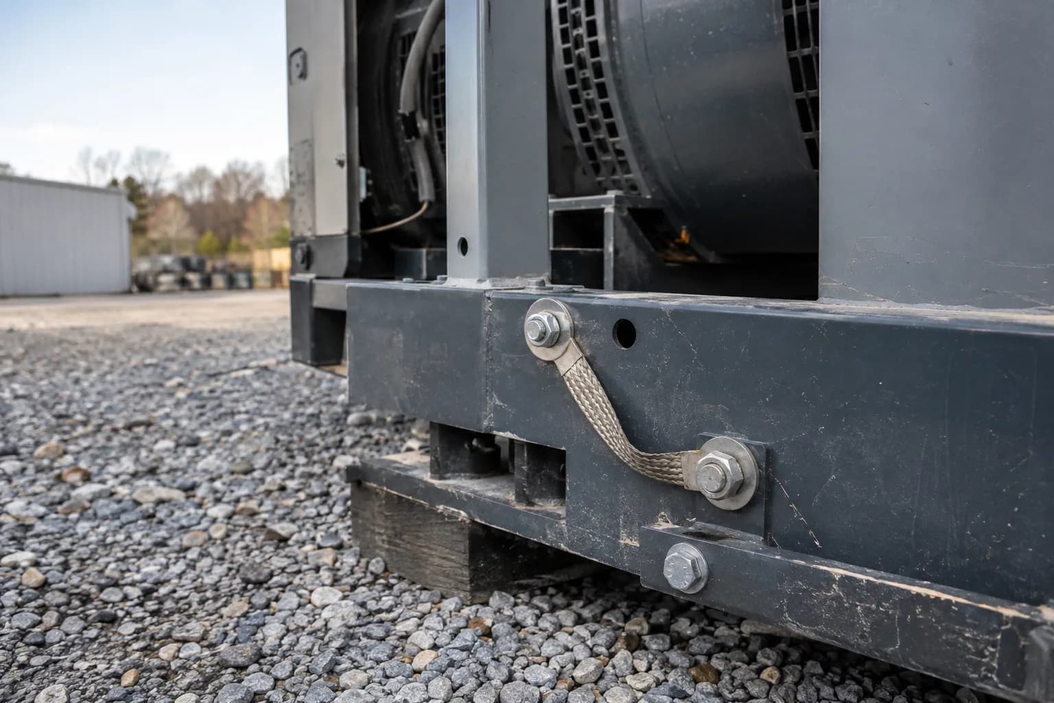 Intact grounding stud and bonded metal frame on a disconnected generator.