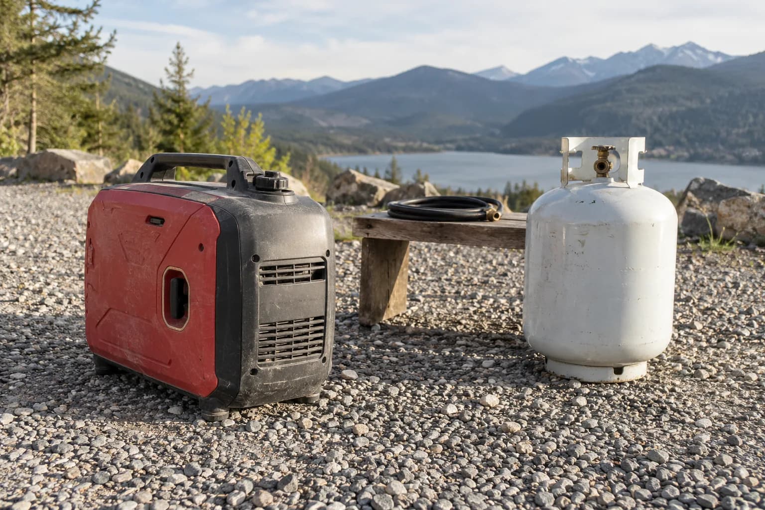 Inverter generator and a closed propane cylinder arranged for fuel planning outdoors.