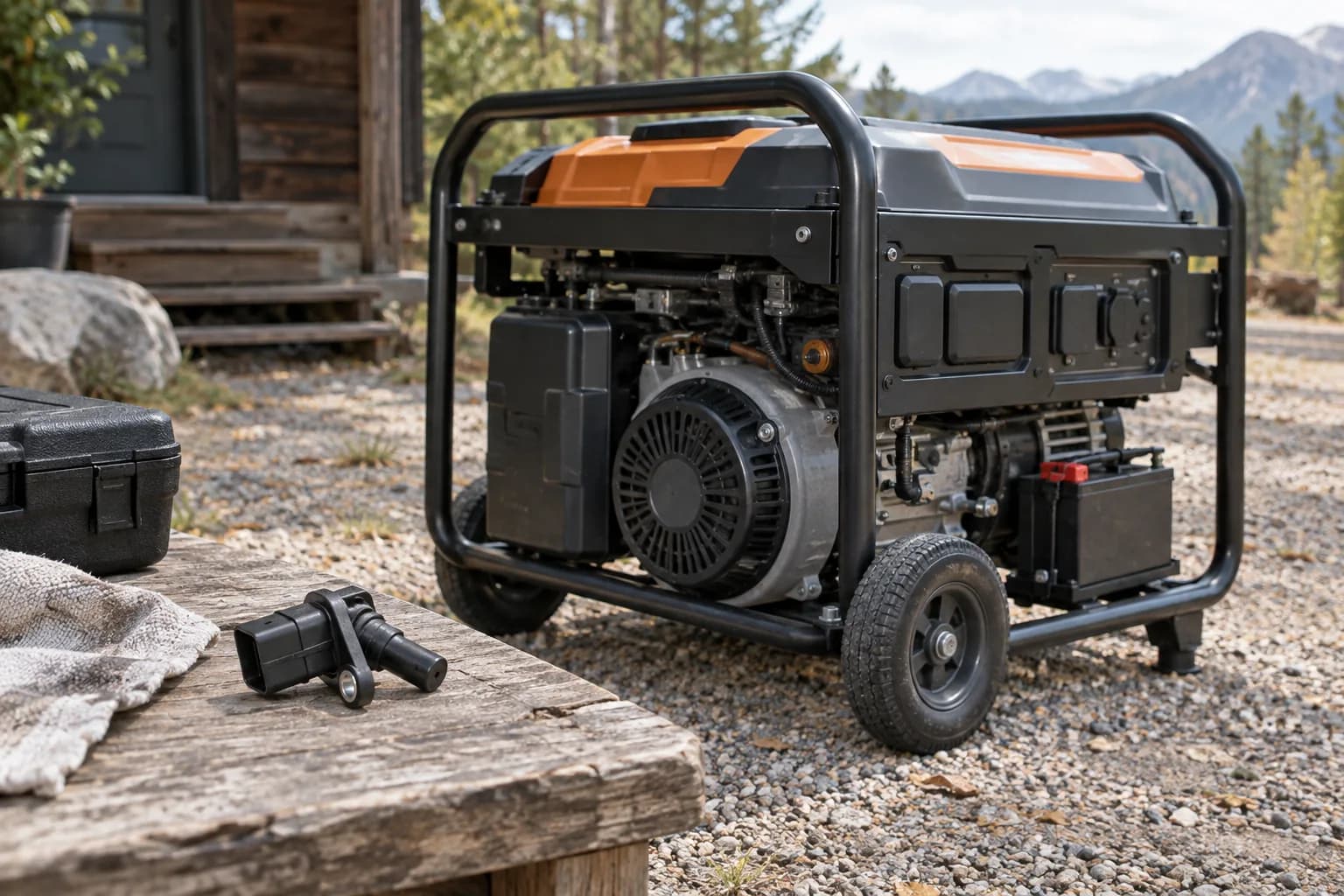 Contemporary generator with covered electronic engine components and spare sensor