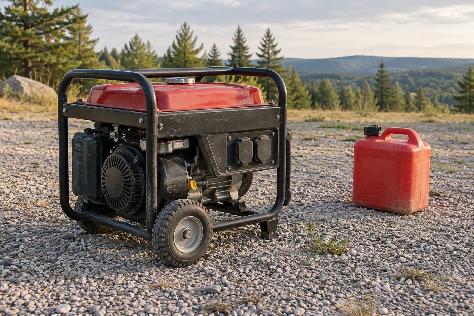 Disconnected gasoline generator and sealed fuel can in an outdoor clearing