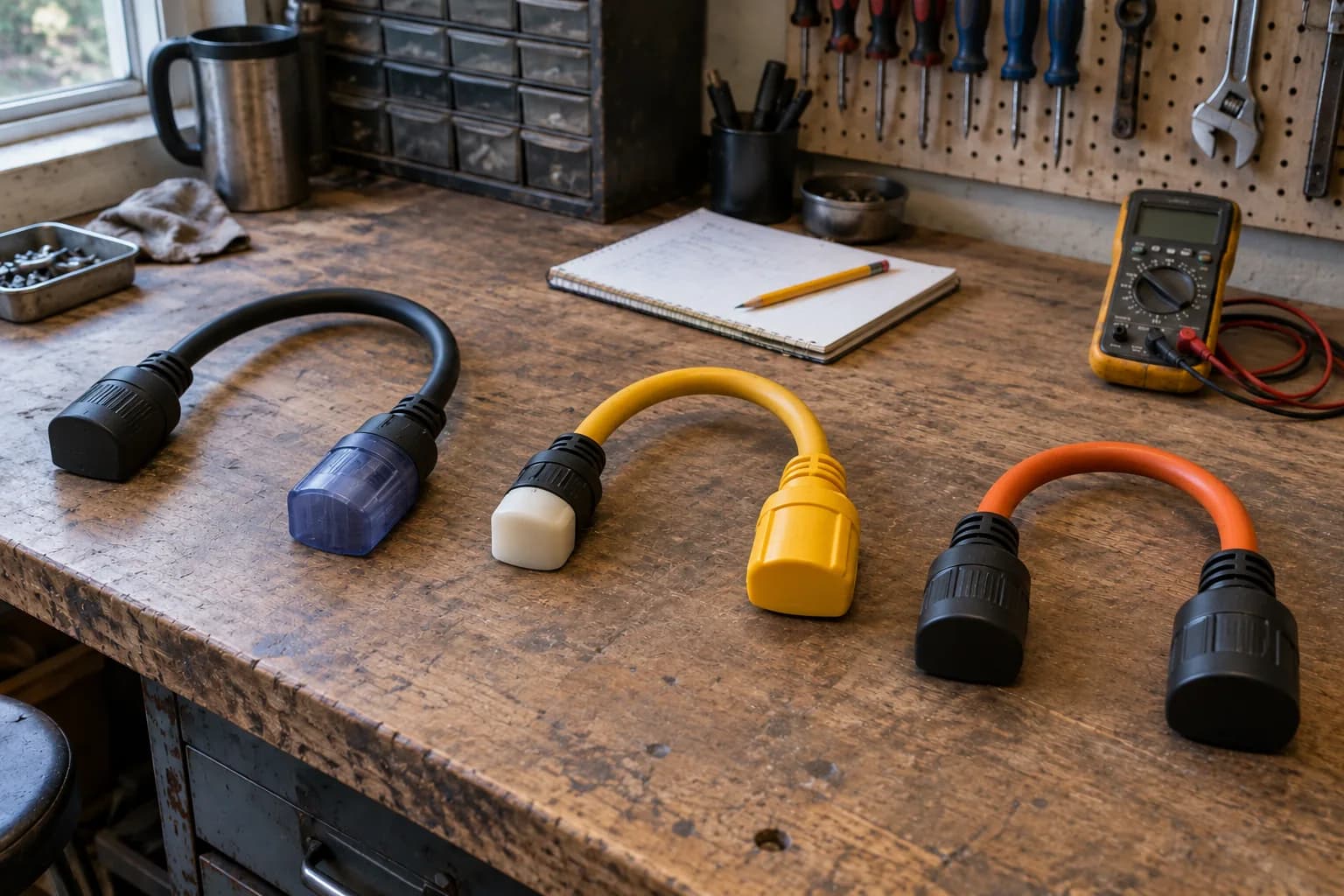 Disconnected adapter cord assemblies arranged for compatibility inspection.