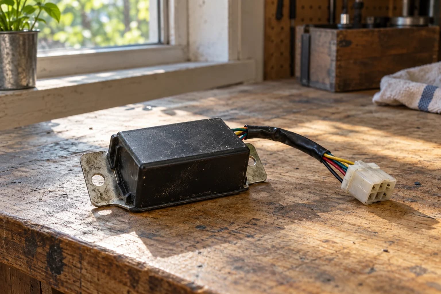 A disconnected generic regulator module and insulated harness on a worn workshop bench. AI-generated editorial illustration; not a photograph of a tested product or a verified model.