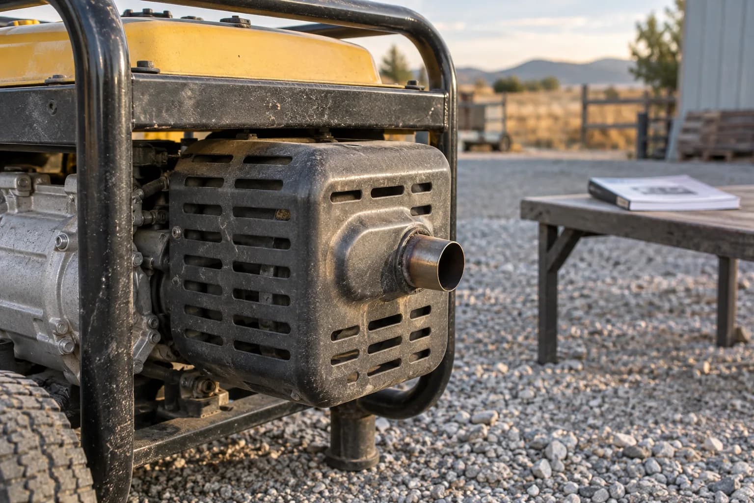 The intact muffler guard and cool exhaust outlet of a shut-down generator in an open yard.