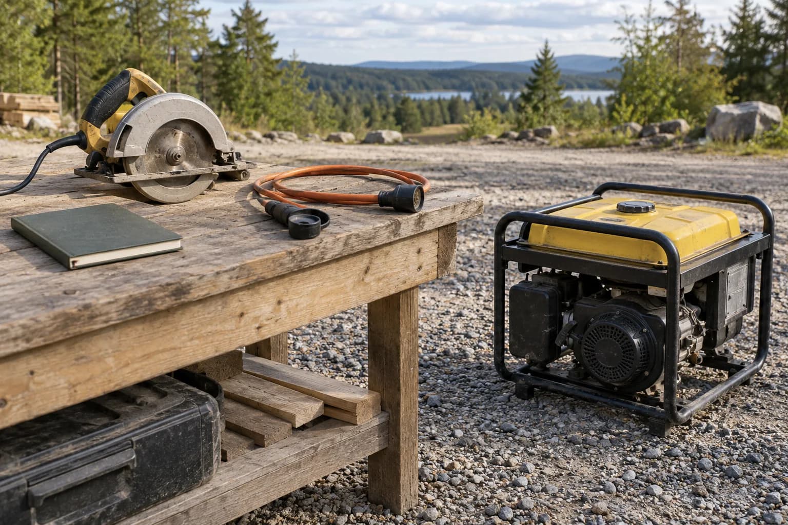 An idle portable generator and an unplugged circular saw on a weathered outdoor workbench.