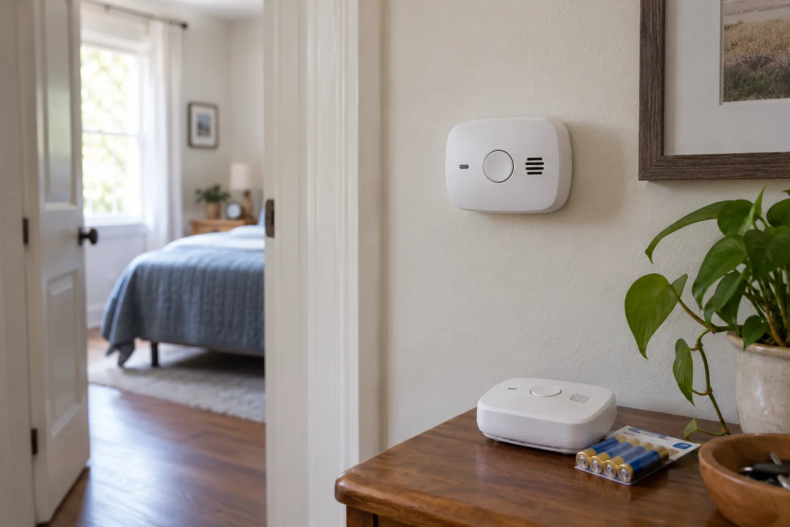 Carbon monoxide alarm outside a bedroom with spare alarm and batteries