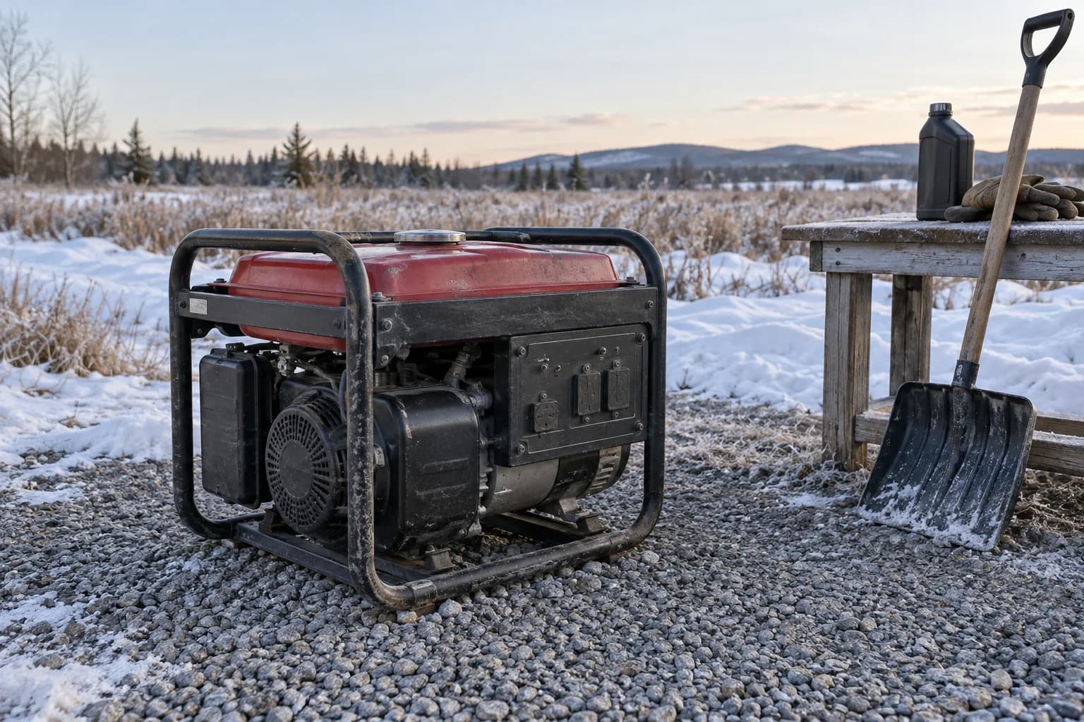 An off portable generator on a cleared outdoor winter pad with snow kept away from its intake and exhaust.
