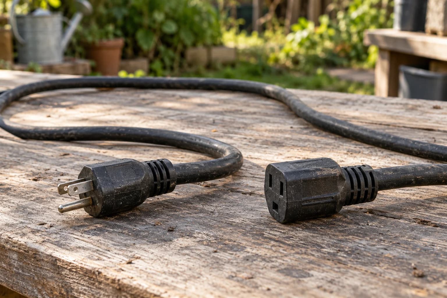 An unplugged outdoor cord with molded connector housings on a dry workbench. AI-generated editorial illustration; not a photograph of a tested product or a verified model.