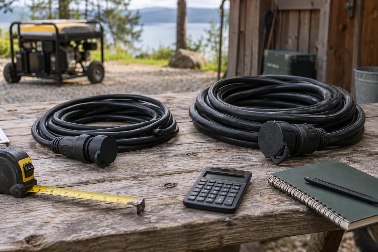 Cord size planning with two heavy cables, tape measure and calculator
