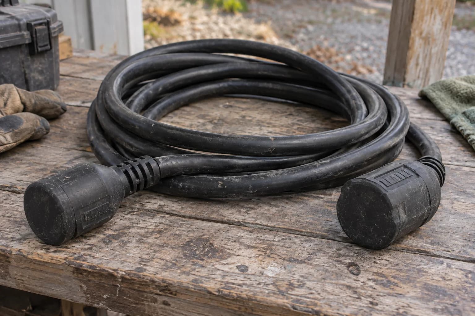 Heavy generator cord with intact molded connectors laid on an outdoor workbench