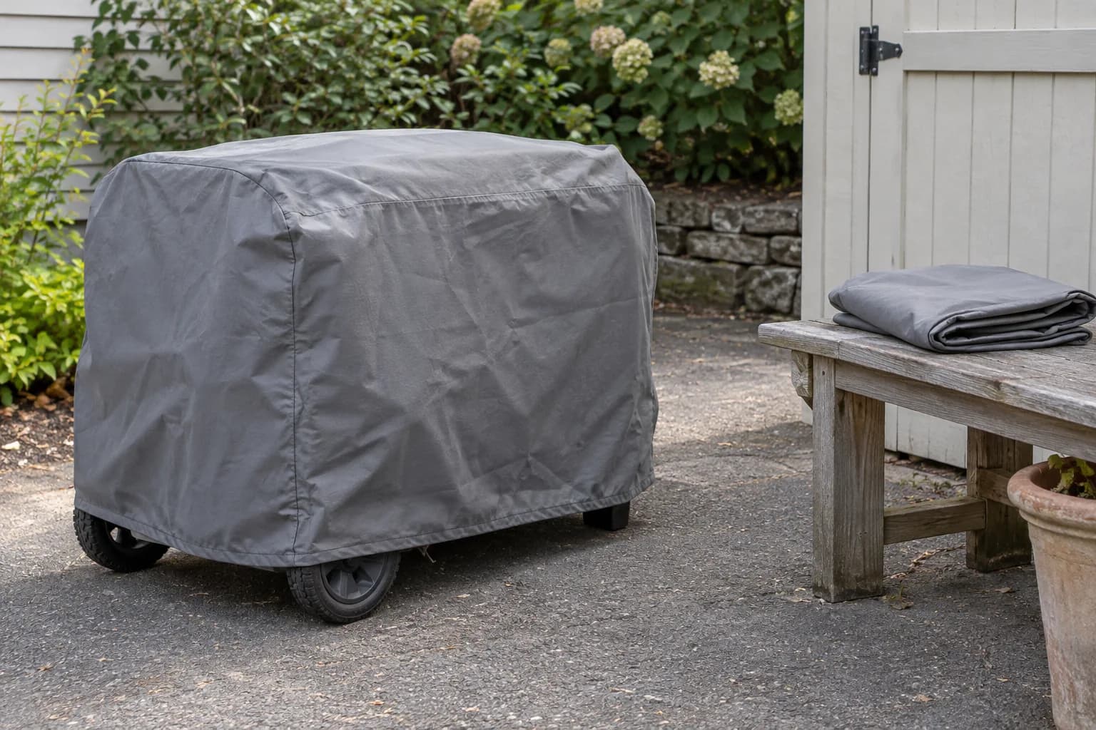 Cool shut-down generator protected by a fitted fabric storage cover outdoors.