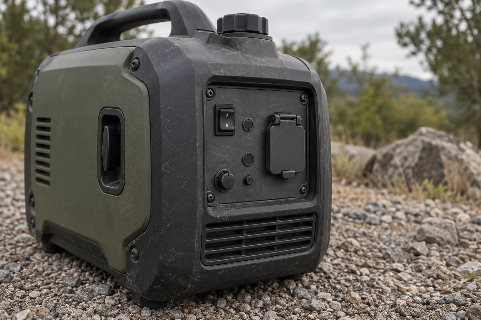 Unbranded compact generator with a generic control switch and covered outlet on dry gravel
