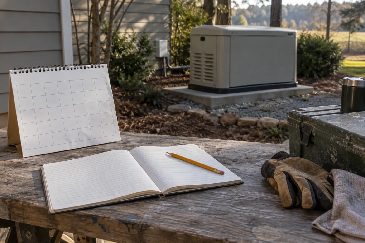 Blank calendar and maintenance notebook beside a closed standby generator.