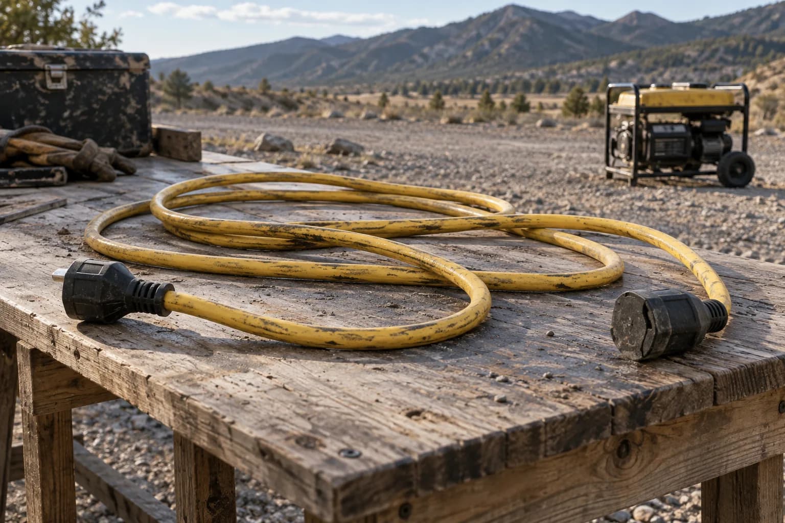 Intact heavy-duty outdoor extension cord resting on a weathered table.