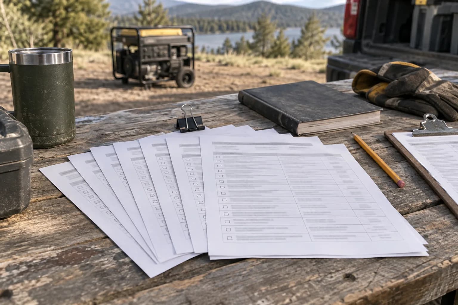 Seven generator planning worksheets with clipboard, manual and field supplies