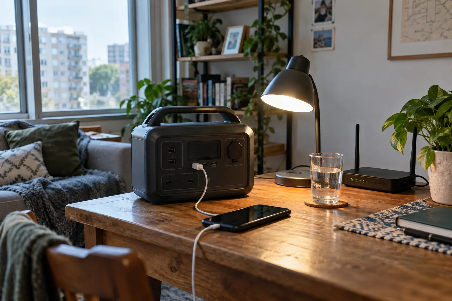 Battery power station supporting an apartment lamp and phone during an outage