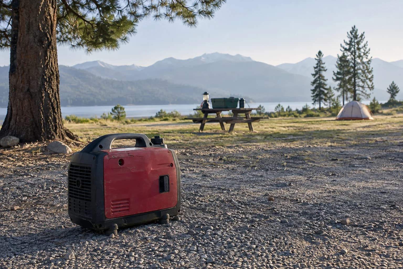 Camping generator kept disconnected and far from a tent in an open campsite.