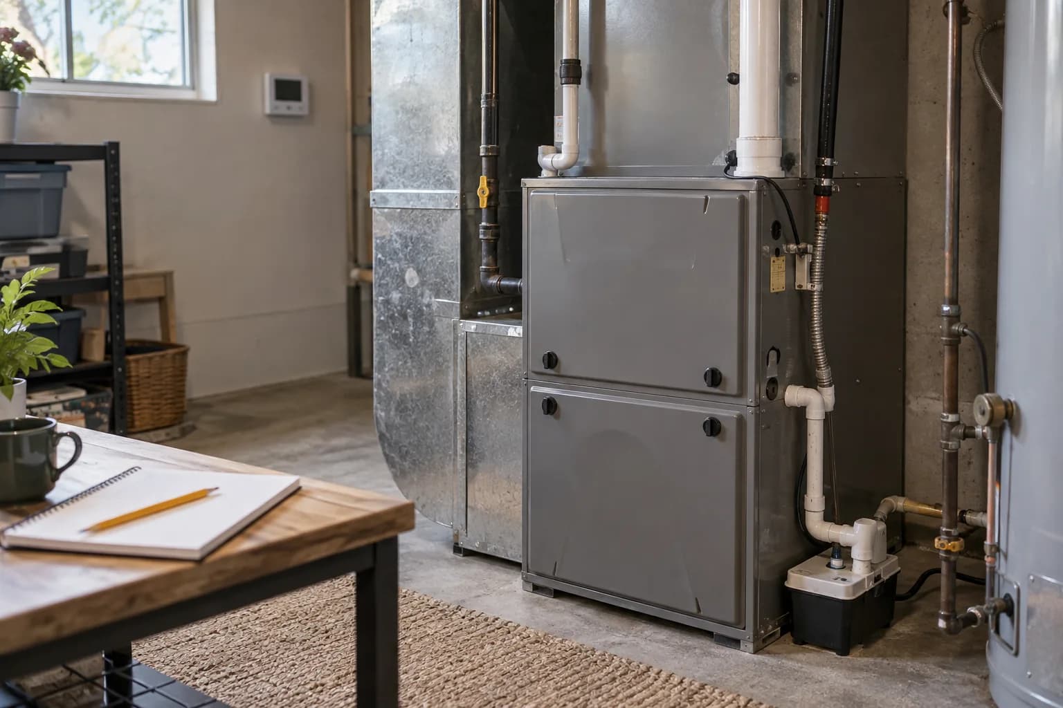 Closed residential gas furnace and outage-planning notebook