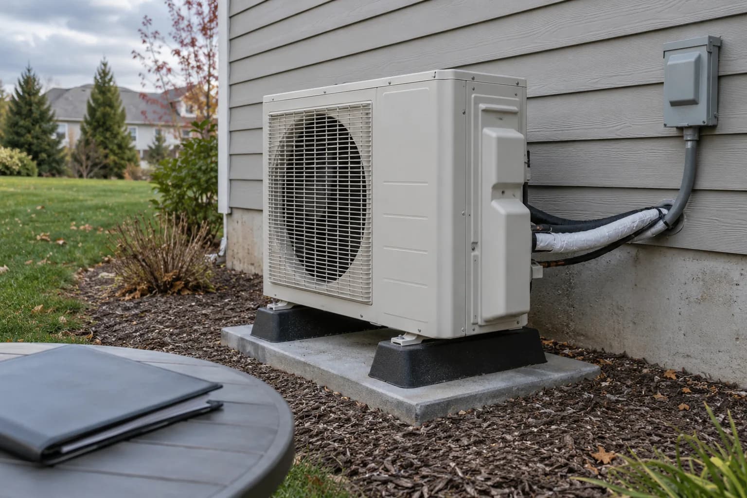 Closed mini-split outdoor unit with intact line set and disconnect.
