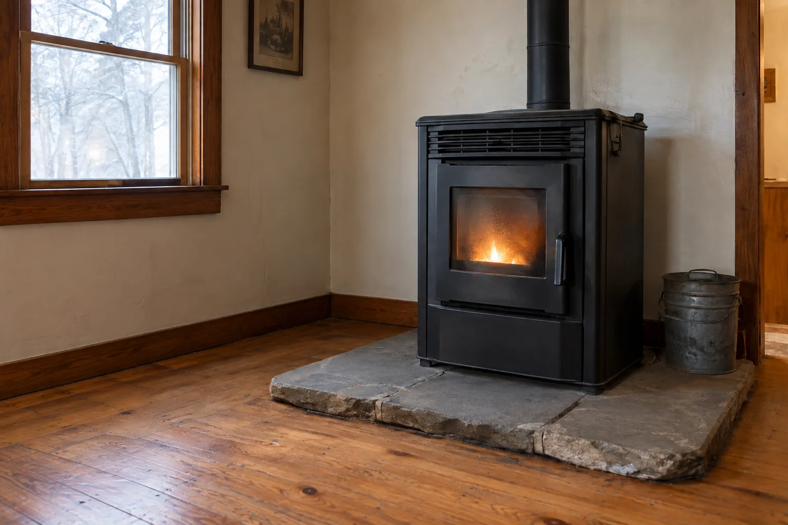 Closed pellet stove on a noncombustible hearth with clear floor space around it