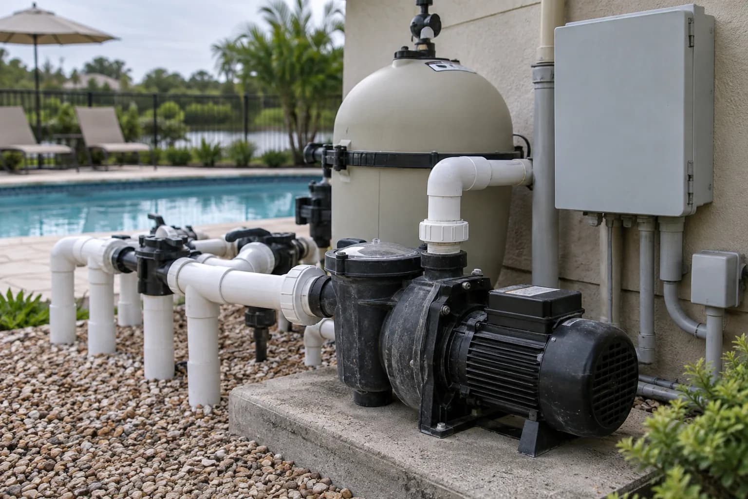 Pool pump motor, filter and closed controller on a dry equipment pad