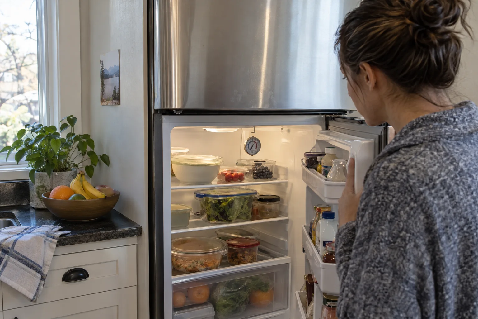 Refrigerator shelves with covered food and an appliance thermometer