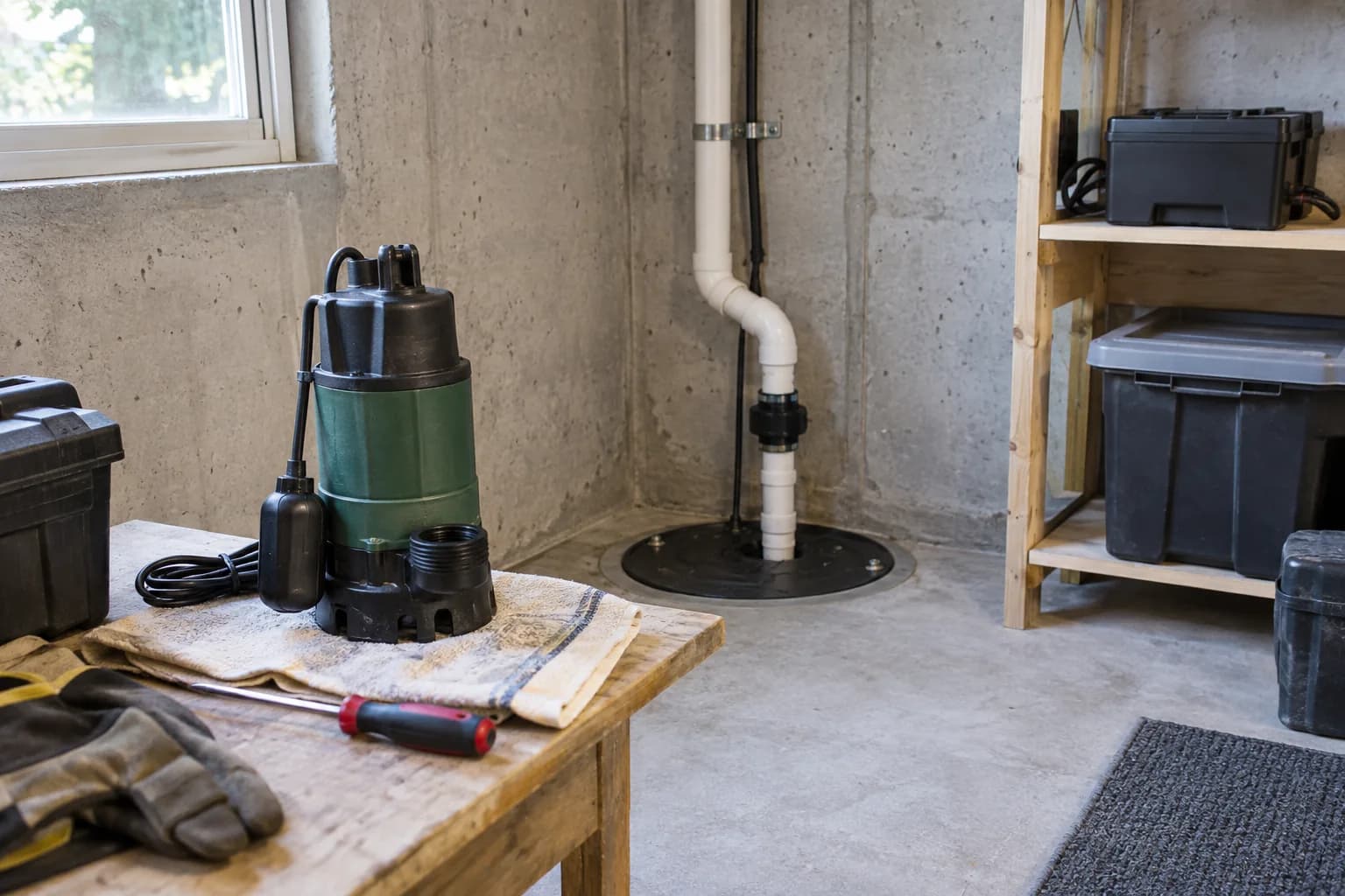 Sump basin, battery backup enclosure and unplugged spare pump in a dry basement