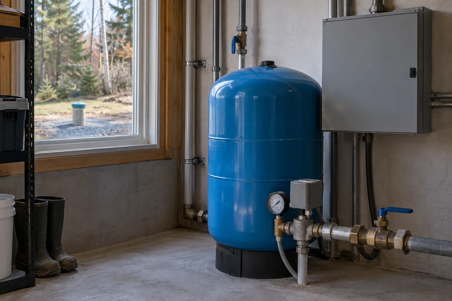 Well pressure tank, gauge and closed pump controls in a dry utility room