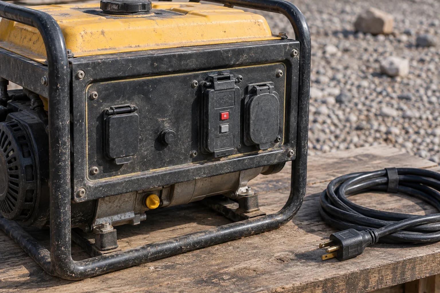 A dry generator control panel with protective outlet covers closed and an unplugged intact cord.