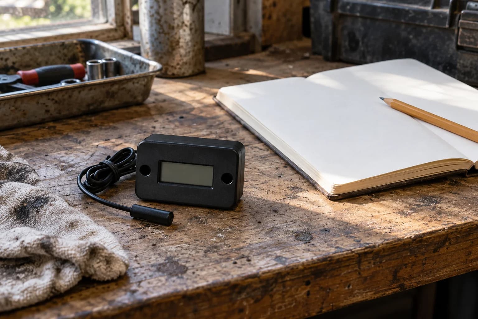 Generic unpowered runtime meter, coiled sensing lead and blank maintenance notebook on a workbench