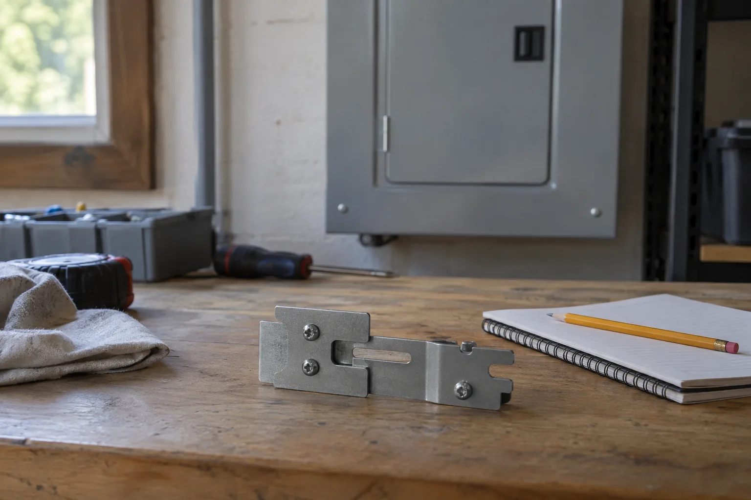 Detached mechanical interlock hardware beside a closed electrical panel.
