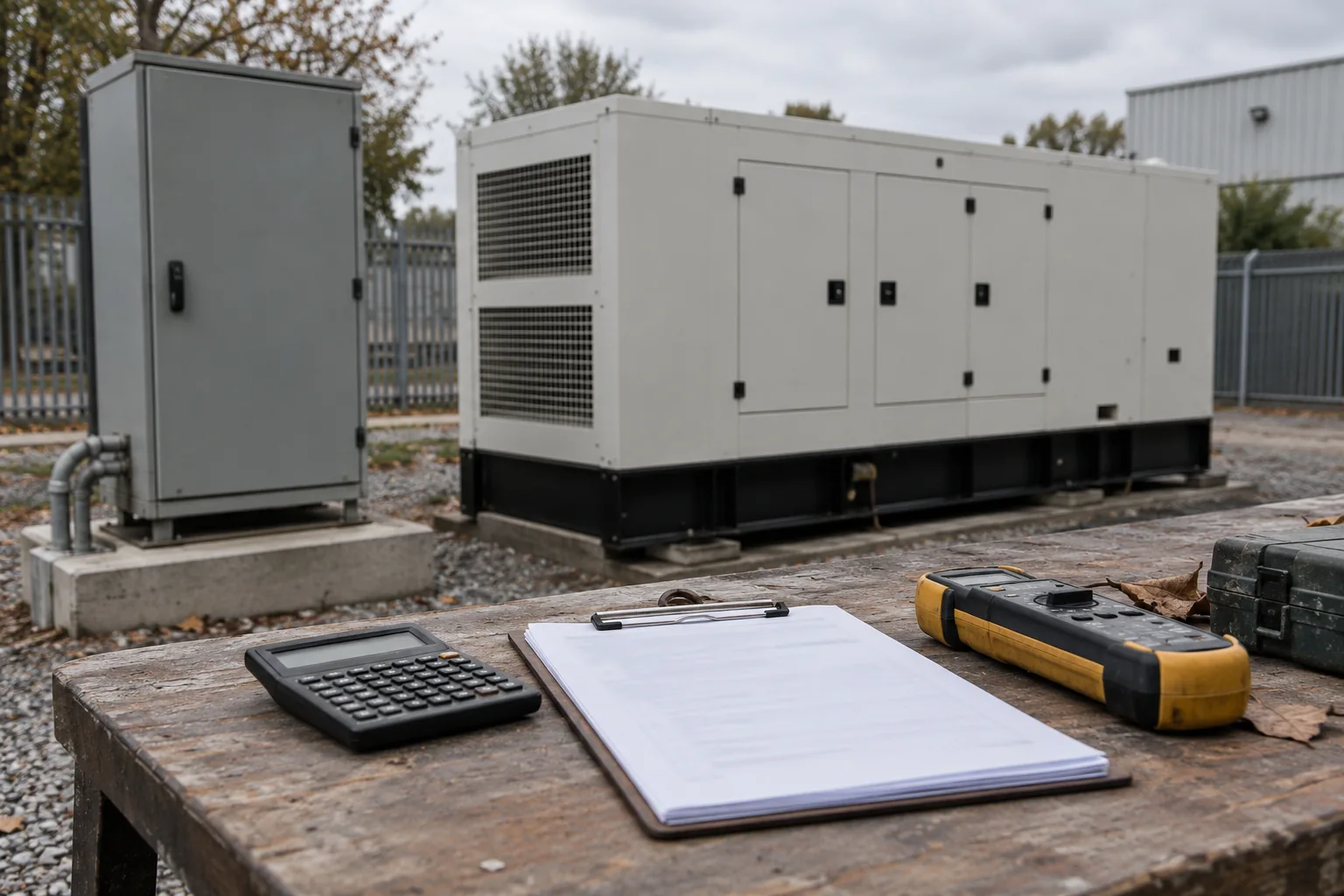 A calculator and blank planning clipboard in front of closed outdoor generator and control cabinets.